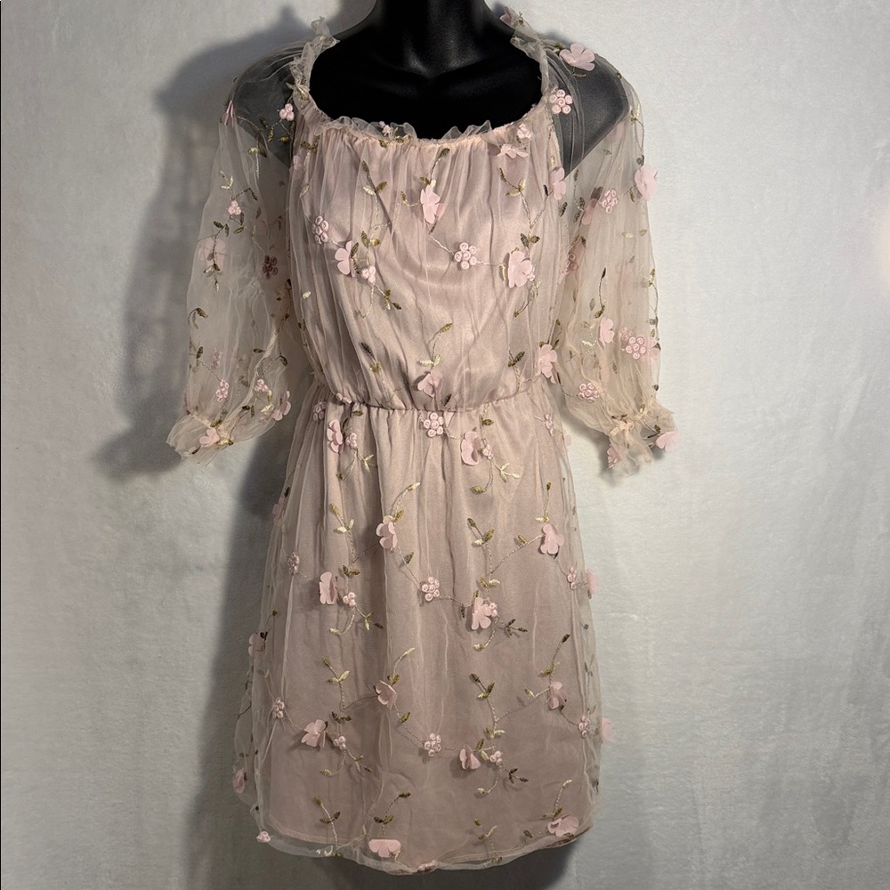 SHEIN curve women’s 1XL Sheer Pink 3-D Floral Embroidered Off-Shoulder Dress